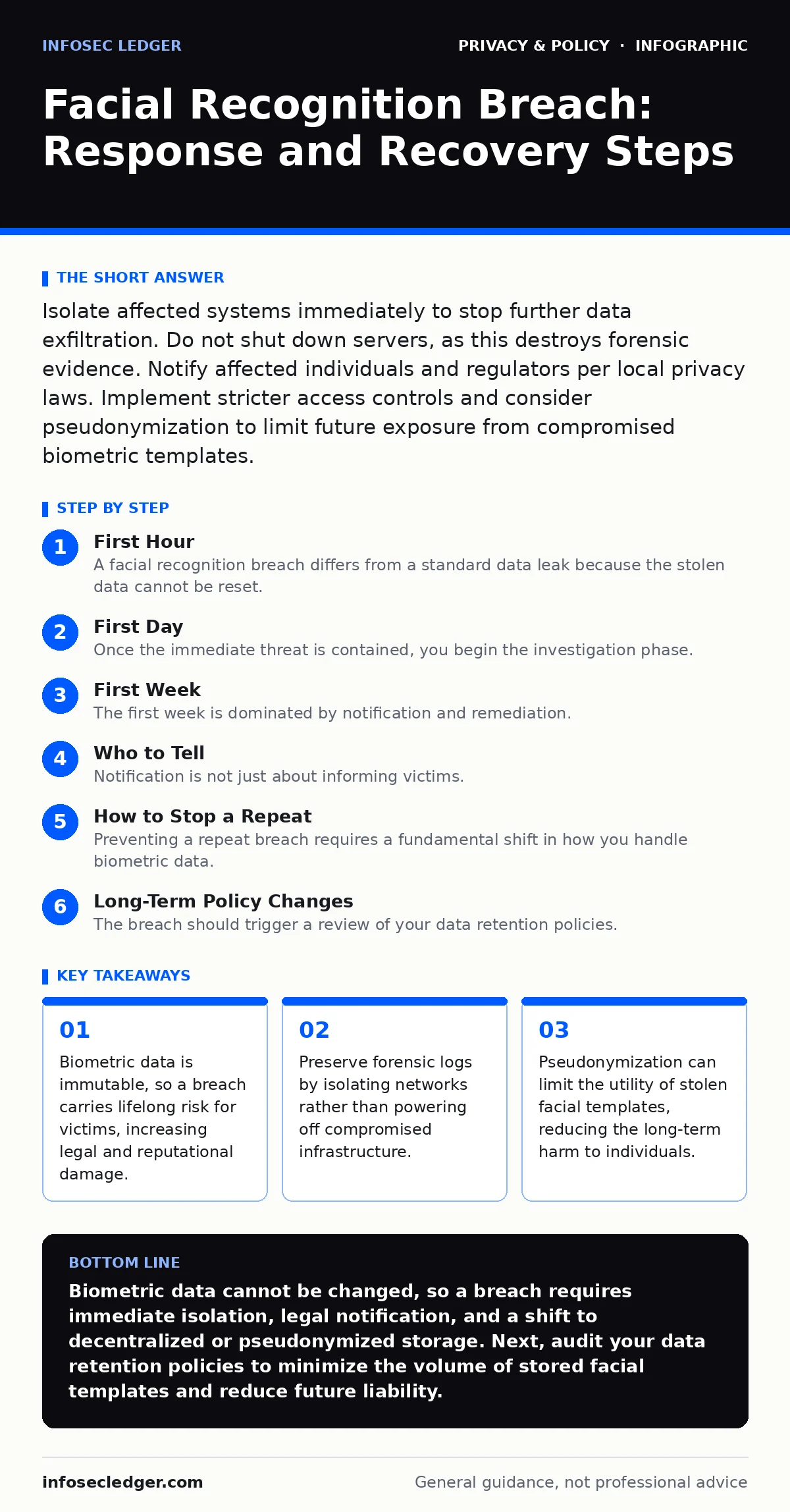 Infographic: Facial Recognition Breach: Response and Recovery Steps. Biometric data is immutable, so a breach carries lifelong risk for victims, increasing legal and reputational damage. Preserve forensic logs by isolating networks rather than powering off compromised infrastructure. Pseudonymizatio