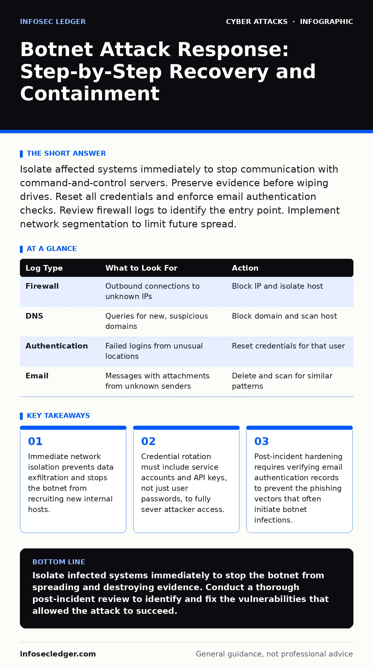 Infographic: Botnet Attack Response: Step-by-Step Recovery and Containment. Immediate network isolation prevents data exfiltration and stops the botnet from recruiting new internal hosts. Credential rotation must include service accounts and API keys, not just user passwords, to fully sever attacker