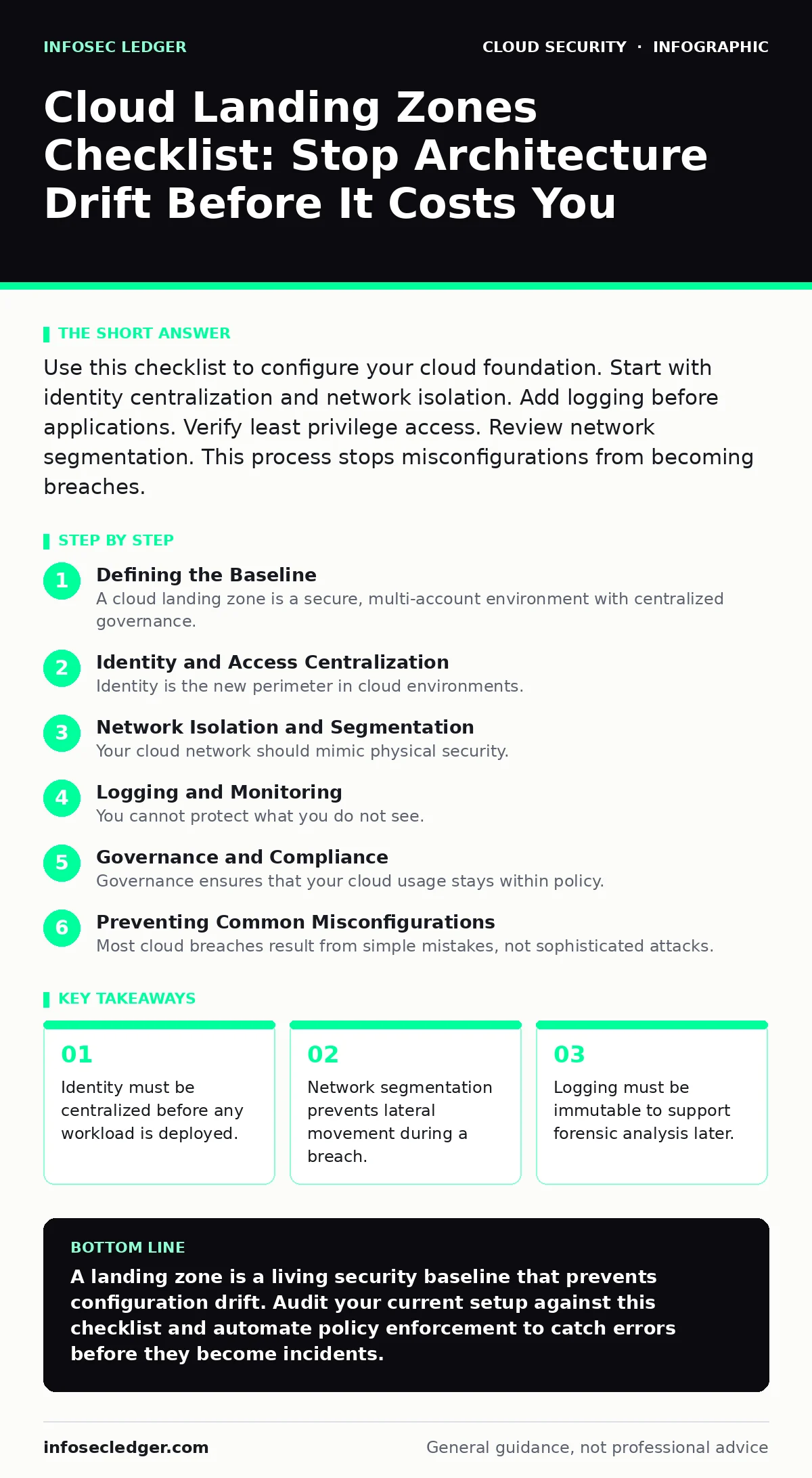 Infographic: Cloud Landing Zones Checklist: Stop Architecture Drift Before It Costs You. Identity must be centralized before any workload is deployed. Network segmentation prevents lateral movement during a breach. Logging must be immutable to support forensic analysis later.