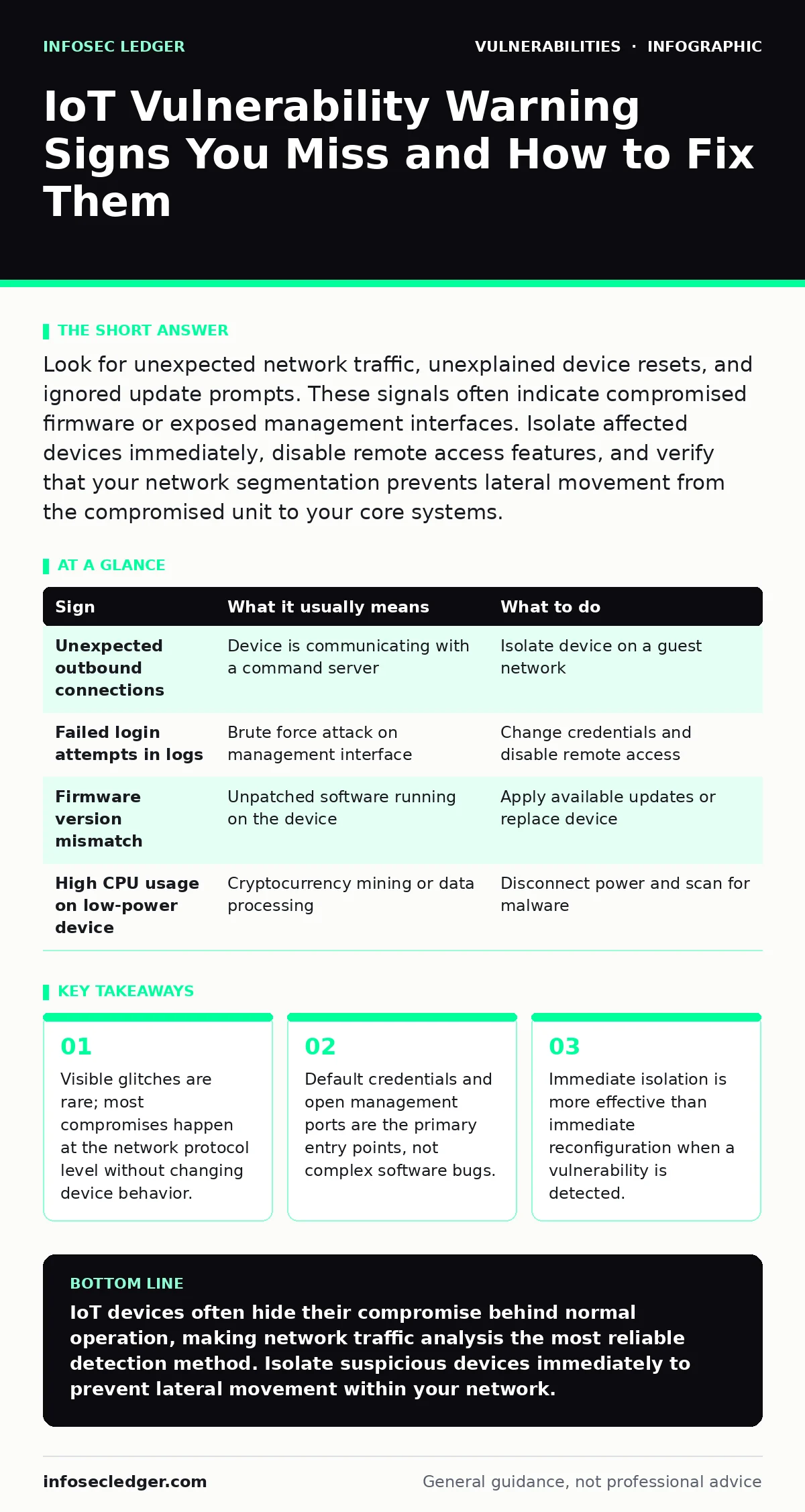 Infographic: IoT Vulnerability Warning Signs You Miss and How to Fix Them. Visible glitches are rare; most compromises happen at the network protocol level without changing device behavior. Default credentials and open management ports are the primary entry points, not complex software bugs. Immedia