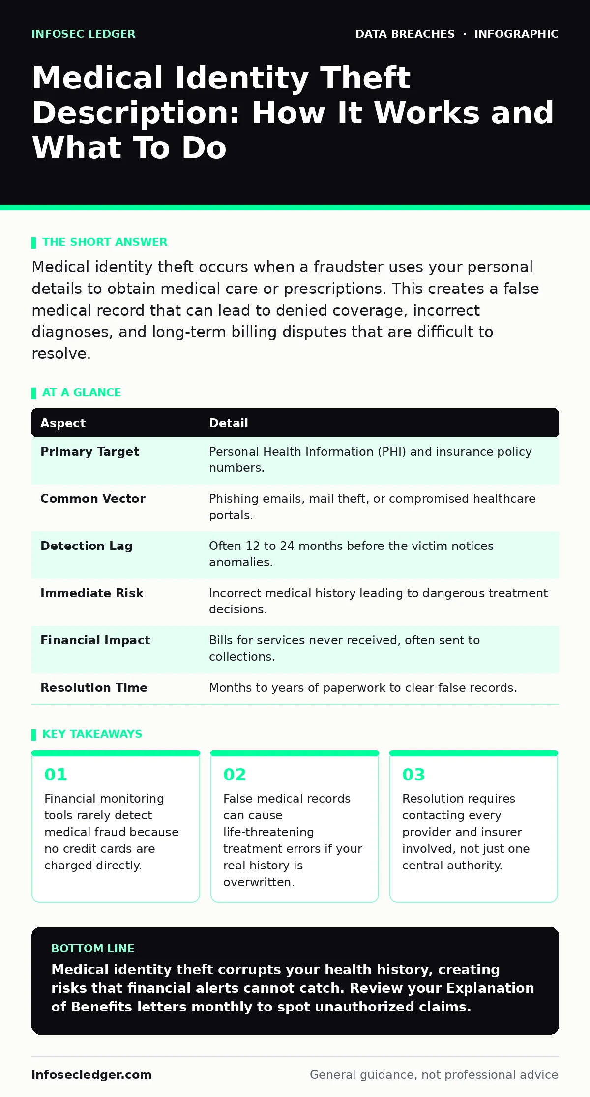 Infographic: Medical Identity Theft Description: How It Works and What To Do. Financial monitoring tools rarely detect medical fraud because no credit cards are charged directly. False medical records can cause life-threatening treatment errors if your real history is overwritten. Resolution require