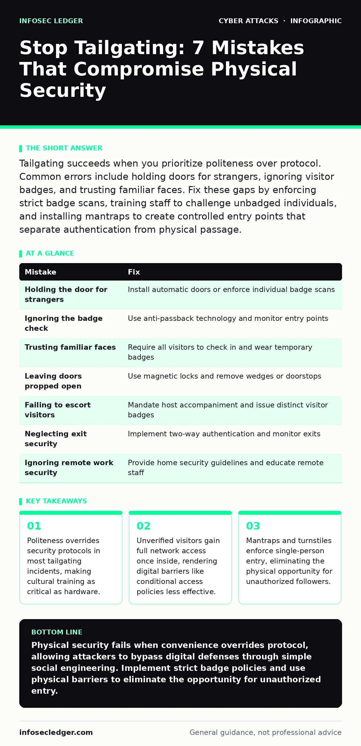 Infographic: Stop Tailgating: 7 Mistakes That Compromise Physical Security. Politeness overrides security protocols in most tailgating incidents, making cultural training as critical as hardware. Unverified visitors gain full network access once inside, rendering digital barriers like conditional ac