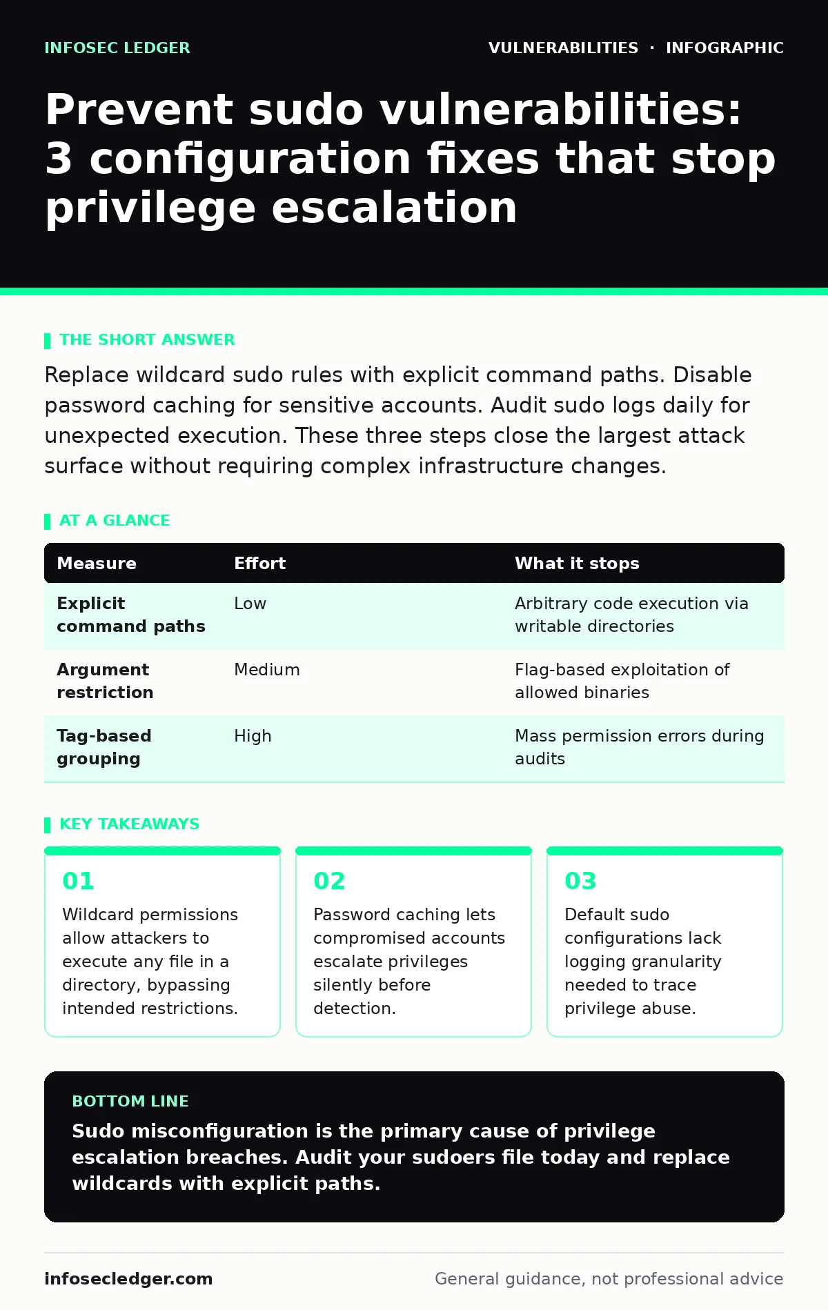 Infographic: Prevent sudo vulnerabilities: 3 configuration fixes that stop privilege escalation. Wildcard permissions allow attackers to execute any file in a directory, bypassing intended restrictions. Password caching lets compromised accounts escalate privileges silently before detection. Default