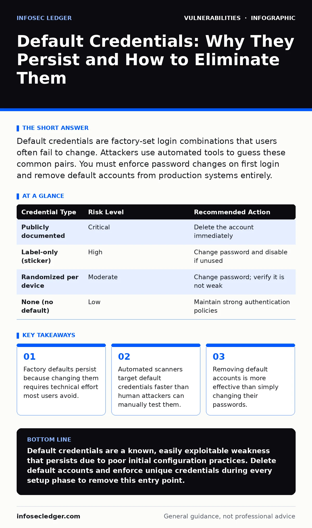 Infographic: Default Credentials: Why They Persist and How to Eliminate Them. Factory defaults persist because changing them requires technical effort most users avoid. Automated scanners target default credentials faster than human attackers can manually test them. Removing default accounts is more
