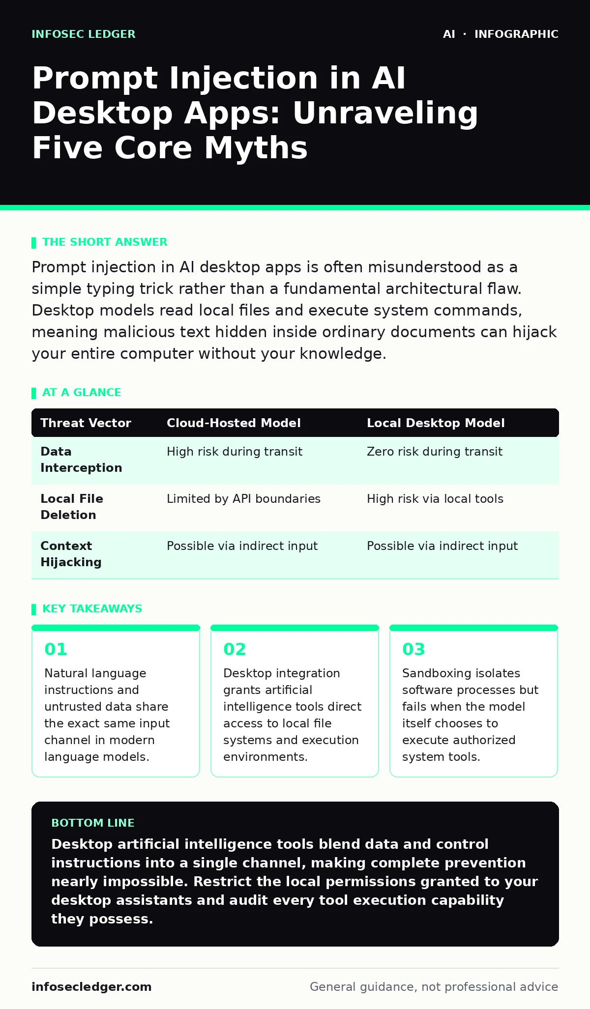 Infographic: Prompt Injection in AI Desktop Apps: Unraveling Five Core Myths. Natural language instructions and untrusted data share the exact same input channel in modern language models. Desktop integration grants artificial intelligence tools direct access to local file systems and execution envi